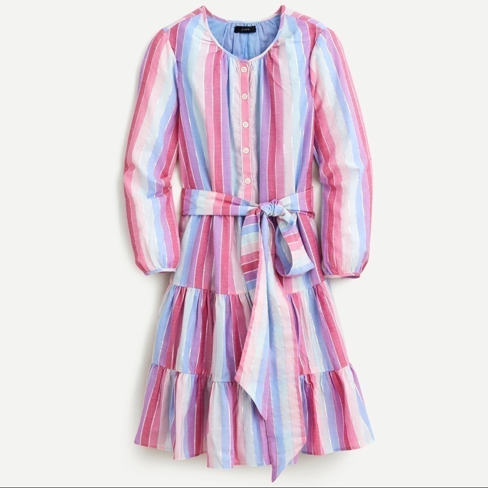 J. Crew Belted Button-Up Metallic Pastel Stripe Ruffle Dress AP192 Small Tall